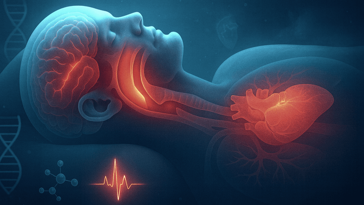 Anatomical illustration of obstructed airway during sleep with cardiovascular strain